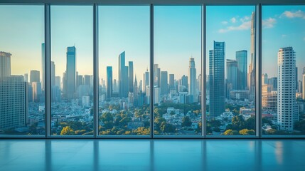 Fototapeta premium Interior view of an empty room in a skyscraper, showcasing the cityscape during the day. The skyline view from a high-rise window offers a gorgeous property with a stunning view.