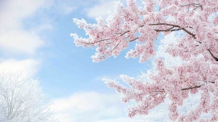 Serene Winter Beauty: Frosted Flowering Tree Branches Against Snowy Landscape and Blue Sky