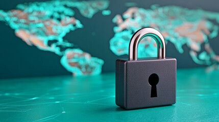 Fototapeta premium Global Cybersecurity Padlock on Teal Network Background