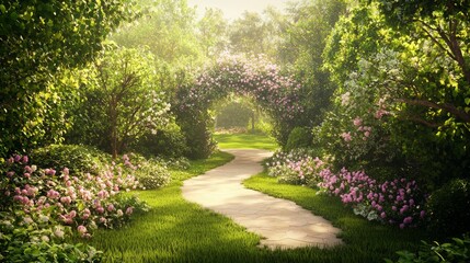 Obraz premium Serene Garden Pathway Surrounded by Blooming Flowers and Lush Greenery, Inviting Exploration of Nature | Ultra-Detailed, Botanical Wonders Concept