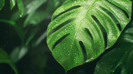 Obraz premium Lush Green Leaf with Water Droplets - Capturing Freshness and Vitality of Nature | Botanical Wonders Close-Up Photography