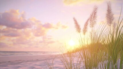 Obraz premium Serene Beach Sunset with Swaying Sea Oats in Ultra-Detailed Botanical Wonders Concept