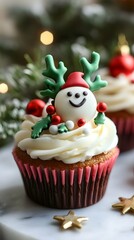 Vertical image of delicious cupcakes decorated with Christmas and New Year themes
