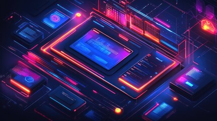 Obraz premium A futuristic digital interface with glowing elements and data displays.