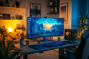 Modern Gamer Workstation Setup With Ambient Lighting
