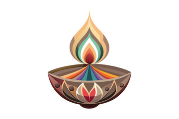  A vibrant, multicolored diya with a golden flame placed in the center of a plain white background.