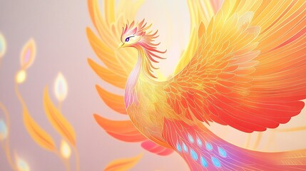 A majestic phoenix with vibrant orange and yellow plumage, spreading its wings against a soft, pastel background.