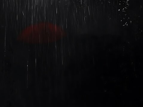 Red umbrella silhouette in heavy rain at night.