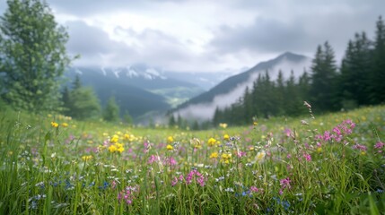 Obraz premium Enigmatic Misty Mountain Landscape with Wildflowers in Foreground - Botanical Wonders in Nature