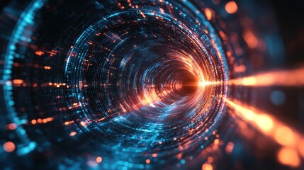 A digital tunnel of light and data, representing technology and futuristic concepts.