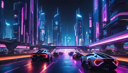 Futuristic cityscape at night, neon lights, cyberpunk vibe, flying cars, high-tech architecture