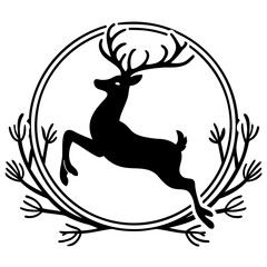 Black embossed Christmas deer jumping silhouette vector Illustration, Vector outline Design, or Line Art