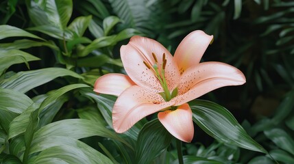 Obraz premium Botanical Beauty: Close-Up of a Vibrant Lily Flower with Delicate Petals and Lush Green Leaves in Soft Sunlight