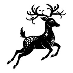 Black embossed Christmas deer jumping silhouette vector Illustration, Vector outline Design, or Line Art