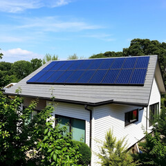 Fototapeta premium Rooftop solar panels on a modern house surrounded by greenery