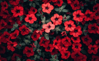 Beautiful red petunias in full bloom with a soft background of green leaves