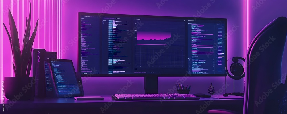 Poster a modern workspace with a large monitor displaying code, illuminated by purple lights.
