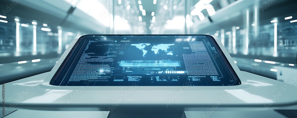 Poster a futuristic control panel displaying data and a world map in a high-tech environment.