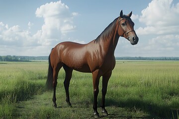 Obraz premium Brown thoroughbred horse standing majestically in a green field under a cloudy sky, enjoying the peaceful countryside