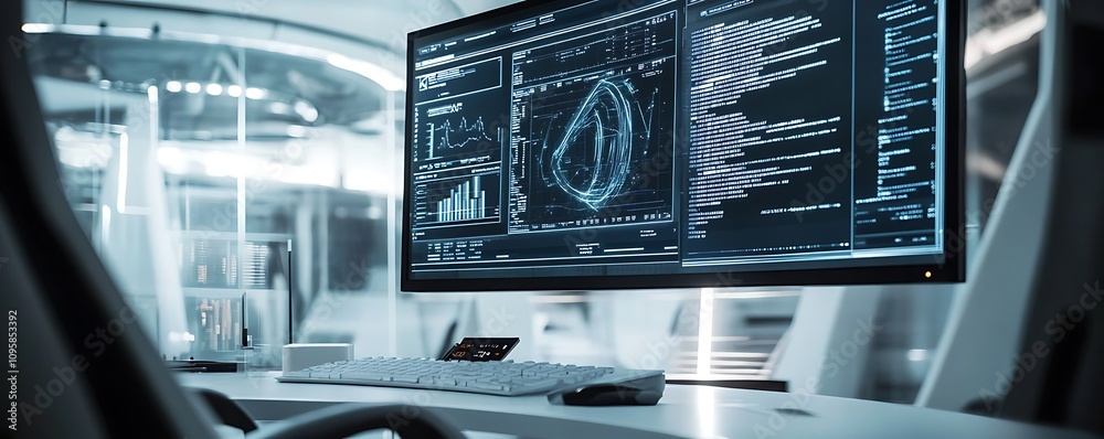 Poster a modern workspace featuring a large monitor displaying data and analytics.