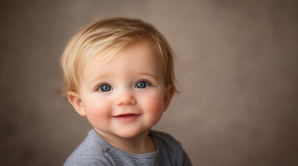 Naklejka premium smiling baby with blonde hair and blue eyes, wearing gray shirt, exudes joy and innocence in soft, neutral background.