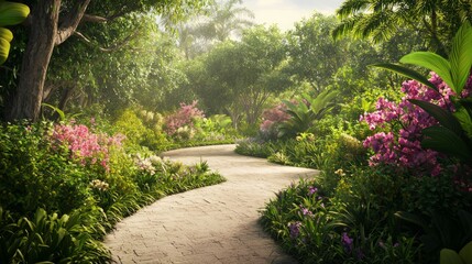 Fototapeta premium Tranquil Garden Pathway: A Serene Exploration of Nature's Beauty