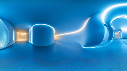 360 degree panorama view.A futuristic, empty blue room shown in a 360° virtual reality view.  3D image.