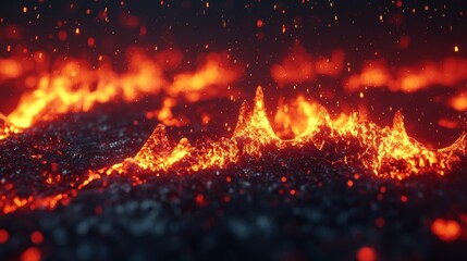 A close-up view of flowing lava, showcasing vibrant orange and red hues against a dark, textured surface, evoking the raw power of volcanic activity.
