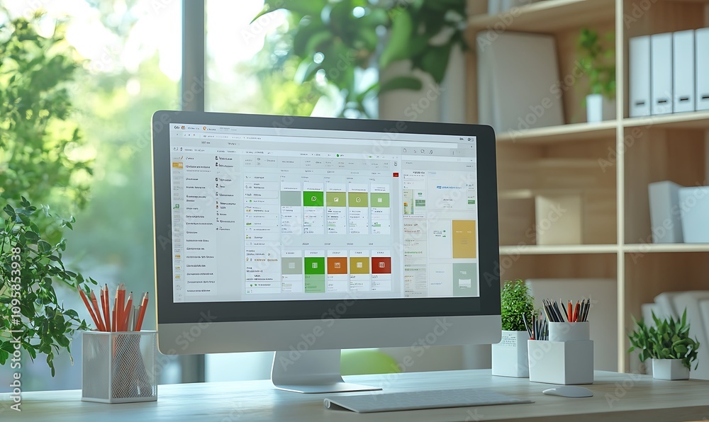 Poster a modern workspace featuring a computer displaying a calendar application amidst greenery.