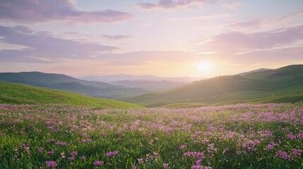 Obraz premium Tranquil Wildflower-covered Rolling Hills Under Clear Blue Sky - Botanical Wonders of Nature.