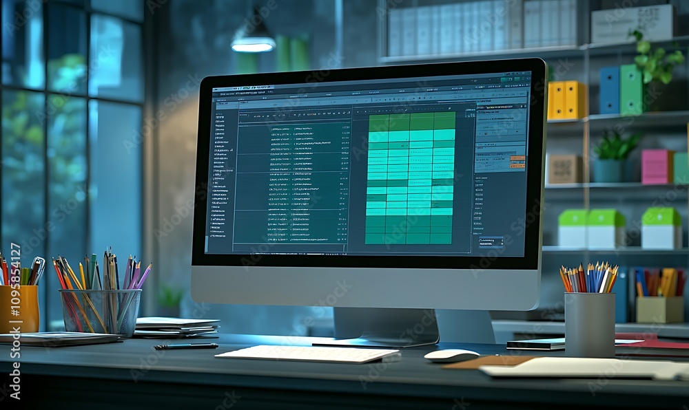 Aufkleber a workspace featuring a computer displaying data analysis in a modern office setting.