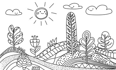 Landscape illustration with hills, trees, flower, sun and clouds is ideal for coloring pages, educational activities for kids, printable worksheets for all ages