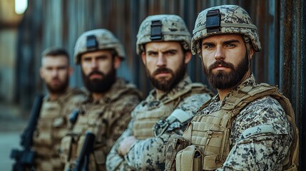 Fototapeta premium Four soldiers in camouflage gear stand in front of a rusty metal wall, their faces grim, arms crossed, and looking straight ahead.