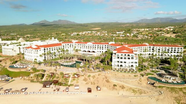 Hilton Los Cabos Beach and Golf Resort in Cabo San Lucas Mexico near San Jos&eacute; del Cabo trucking left drone view.