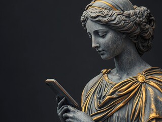A classic statue of a Greek goddess with a smartphone in hand.