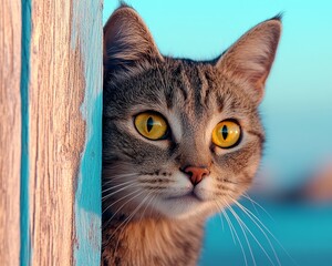 Curious Cat Peeking from Behind Wooden Fence Yellow Eyes Pet Portrait
