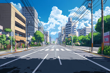 Obraz premium Anime Style City Road View in the Afternoon
