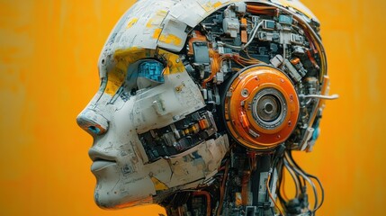 Fototapeta premium A futuristic robotic head showcasing intricate circuitry and technology.