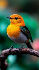 Fototapeta premium Vibrant Orange Bird on Branch Wildlife Photography Nature Closeup