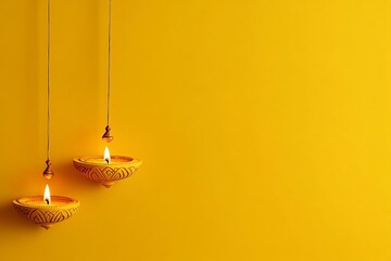 Yellow Background With Two Hanging Illuminated Diya Lamps