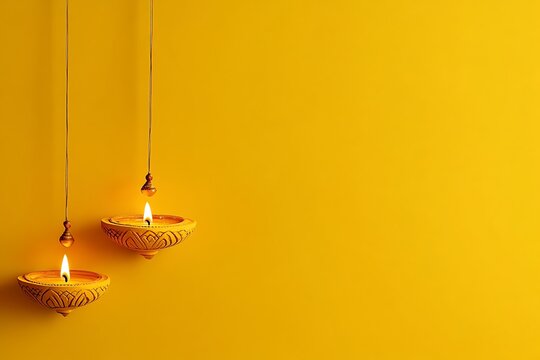 Yellow Background With Two Hanging Illuminated Diya Lamps