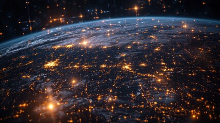 Naklejka premium A view of Earth from space, highlighting urban lights and atmospheric features.