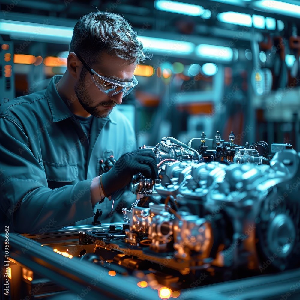 Poster a modern mechanic working on a vehicle engine in a well-equipped automotive workshop. the mechanic, 