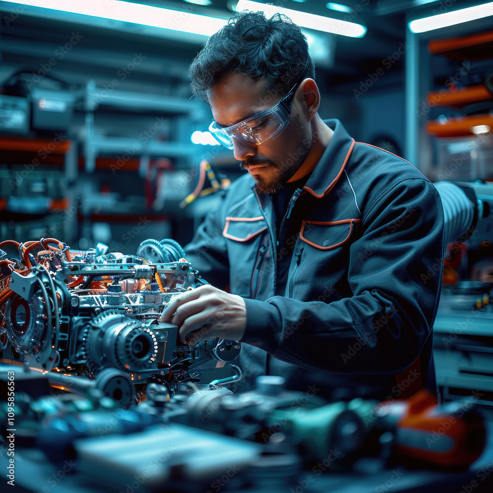 Poster a modern mechanic working on a vehicle engine in a well-equipped automotive workshop. the mechanic, 