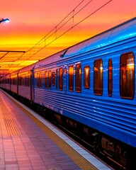 Fototapeta premium Scenic Sunset Train Journey Blue Passenger Rail at Platform