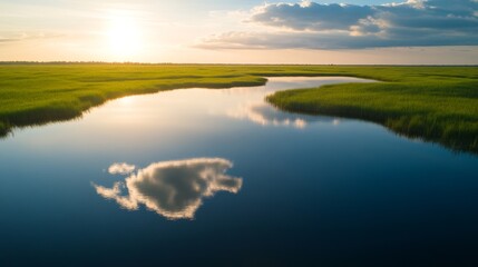 Obraz premium A serene landscape featuring a reflective river surrounded by lush greenery under a vibrant sky at sunset.
