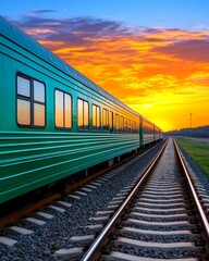 Obraz premium Scenic Sunset Train Journey Railroad Tracks Transportation Travel