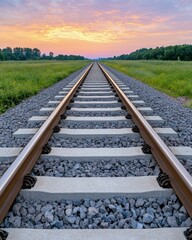 Fototapeta premium Scenic Railroad Tracks at Sunset Journey Travel Transportation Rails Landscape