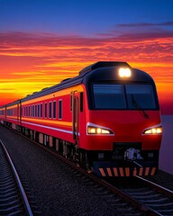 Fototapeta premium Scenic Sunset Train Journey Railroad Travel at Dusk