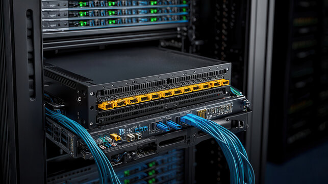 network cabinet with Cisco Catalyst switch and connected cables, showcasing modern data center setup. organized layout emphasizes efficiency and technology
